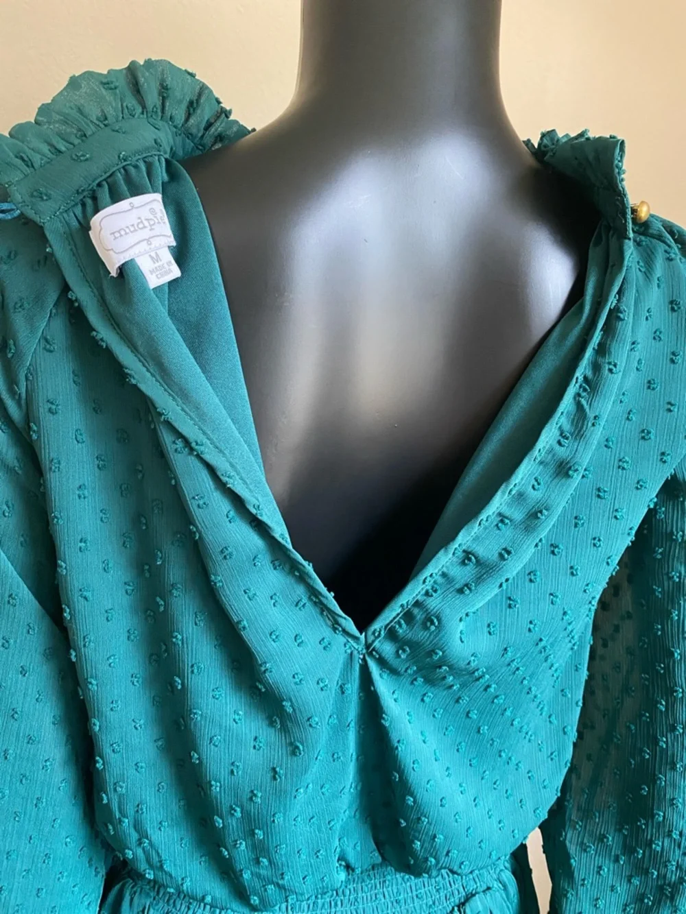 MUD PIE Green Swiss Dot Tiered Long Sleeve Mini Dress - Picture 13 of 14